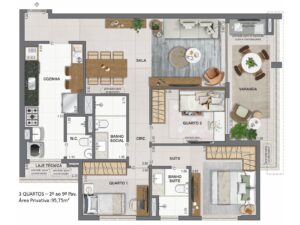 Apartamento 3 quartos - 2º ao 9º andar - 95m2 - planta 2
