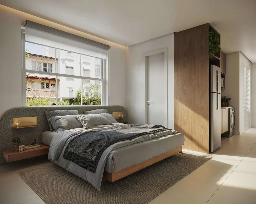 Studio decorado no Soul Rio Copacabana – Planta de 33m² com design funcional e moderno