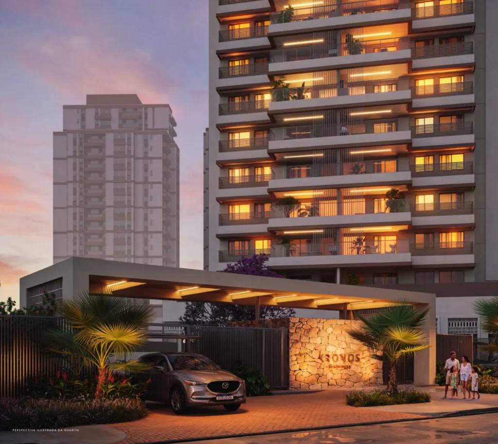 Fachada do Kronos by Tegra ao entardecer, na Avenida Afonso Arinos de Melo Franco, Barra da Tijuca