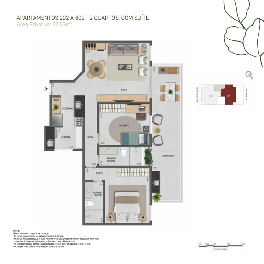 Planta do apartamento de 2 quartos com suíte e 82,62 m² do Basílio Tijuca