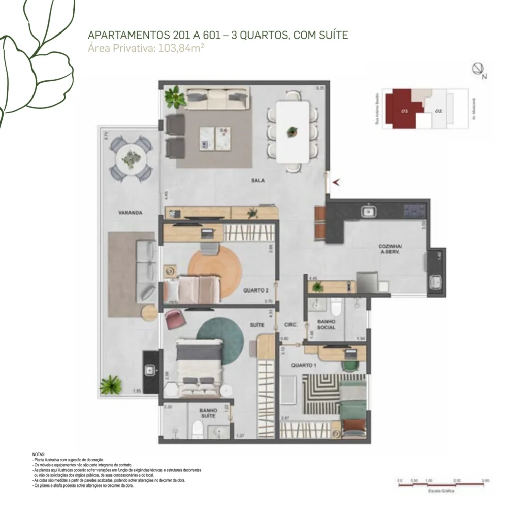 Planta do apartamento de 3 quartos com suíte e 103,84 m² do Basílio Tijuca