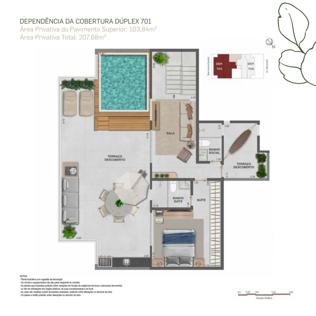 Planta do pavimento superior da cobertura duplex 701 do Basílio Tijuca, com piscina e churrasqueira