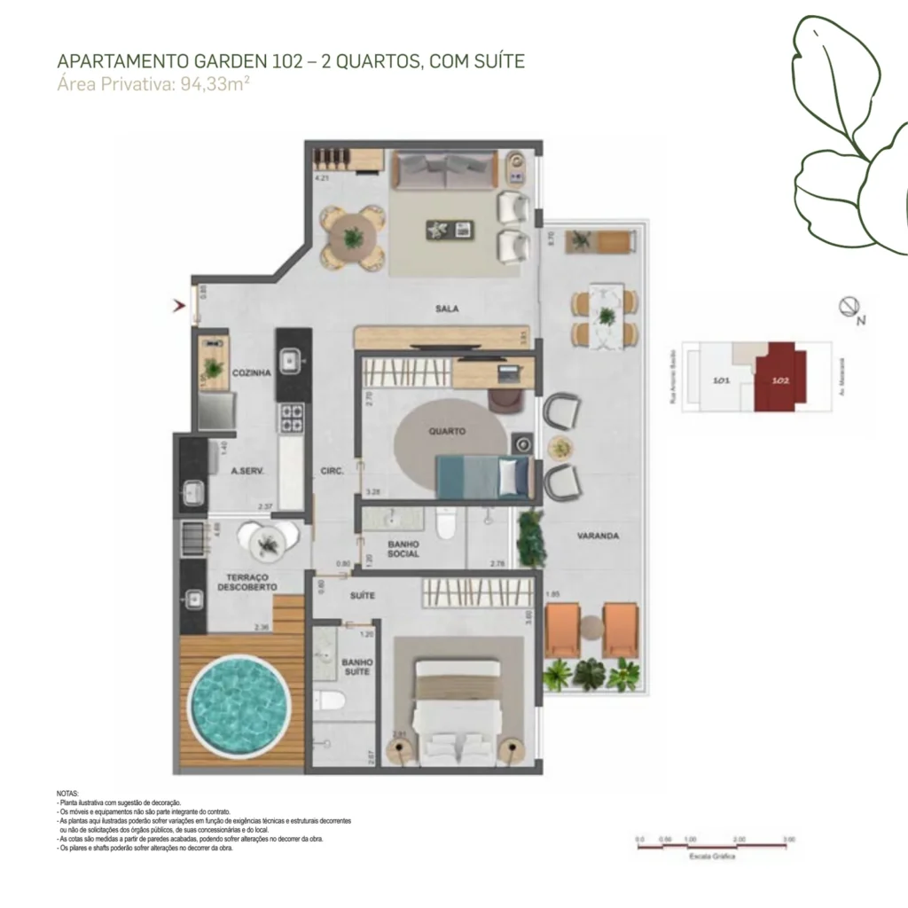 Planta do garden 102 de 2 quartos e 94,33 m² do Basílio Tijuca, com piscina privativa