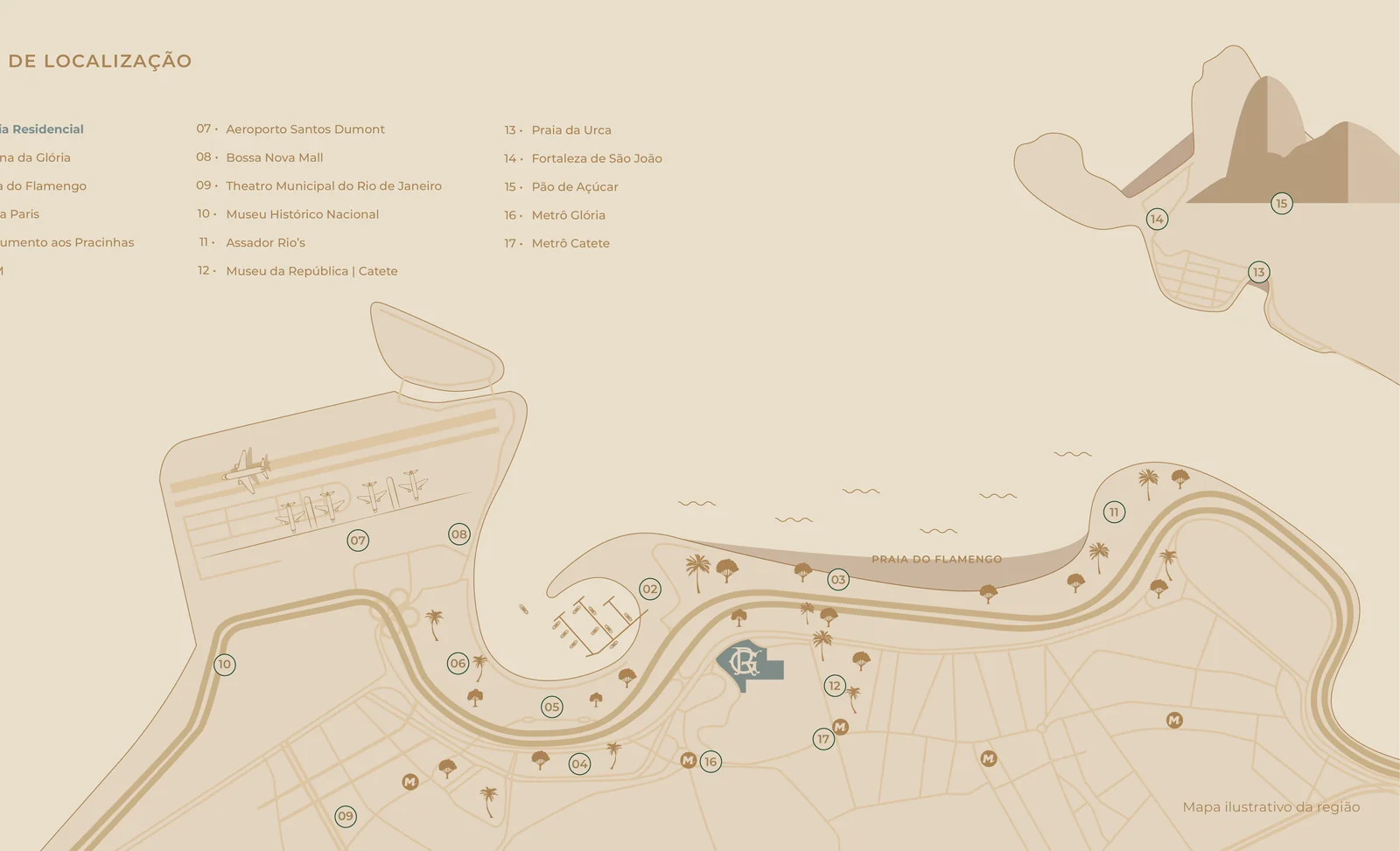 Mapa ilustrado da localização do Glória Residencial, na Rua do Russel, com a Marina da Glória e o Parque do Flamengo