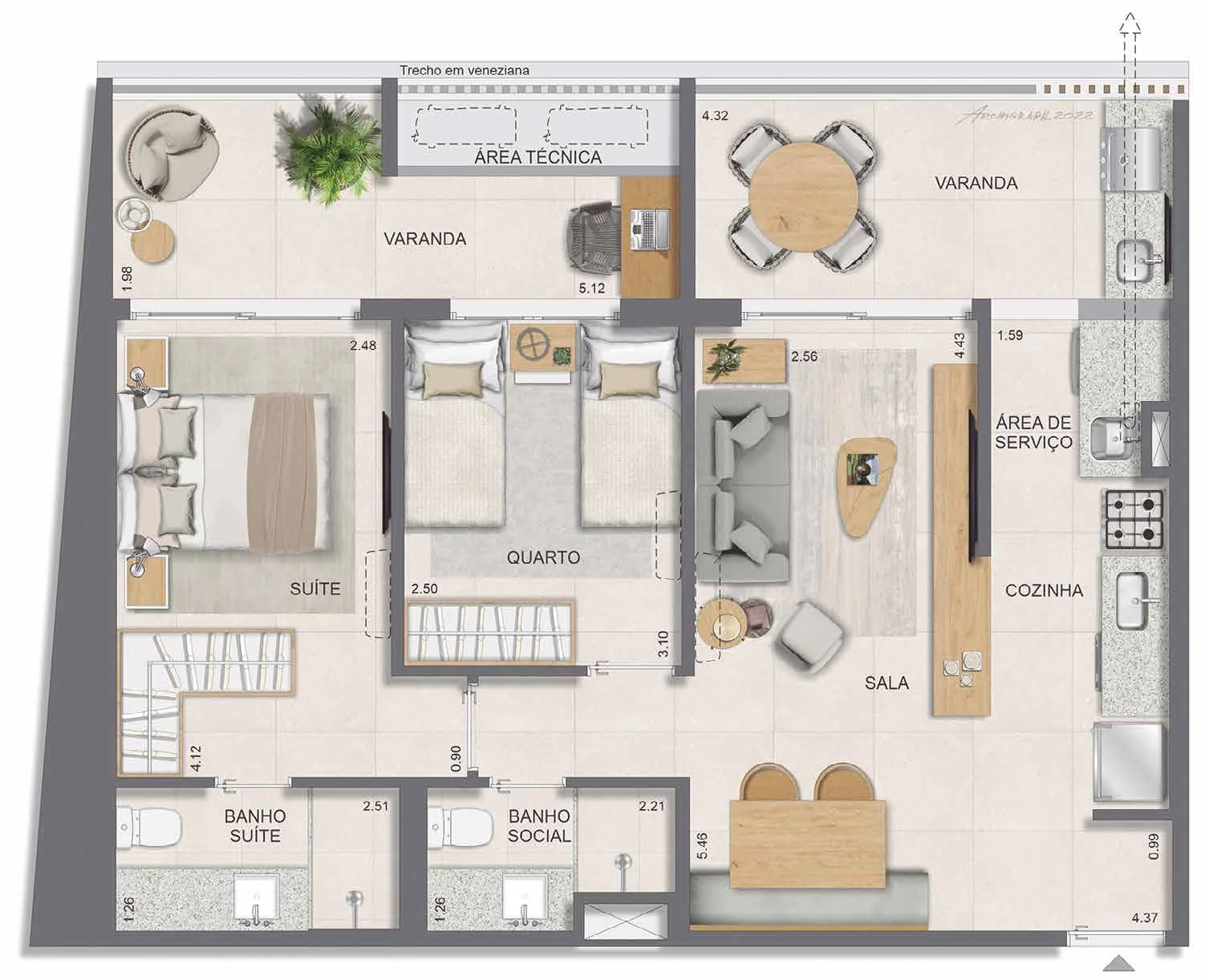 Planta do apartamento de 2 quartos com 77,95 m² do Edifício Contemporâneo do Glória Residencial