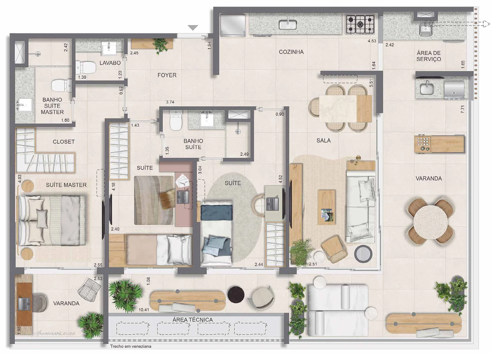 Planta do apartamento de 3 suítes com 124,31 m² do Edifício Contemporâneo do Glória Residencial