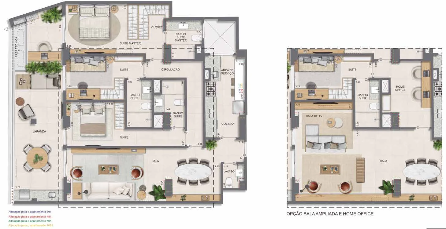 Planta do apartamento de 3 suítes com 138,37 m² do Edifício Histórico II do Glória Residencial