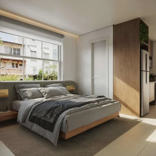 Studio decorado no Soul Rio Copacabana – Planta de 33m² com design funcional e moderno